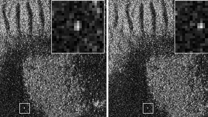 Synthetic aperture sonar imagery before and after DAPL autofocus, with point-target zoom insets
